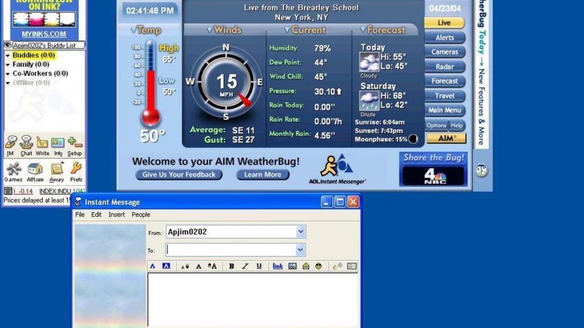 AP FILE -- A version of AOL Instant Messenger from 2004. program, and the weatherbug software, runs on a computer in New York. AOL discontinued service of AIM on Friday, Dec. 15, 2017.