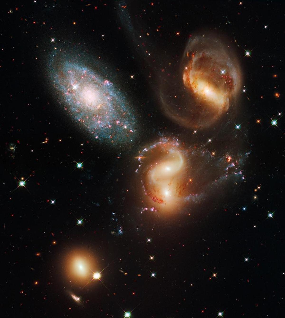 This image made by the Hubble Space Telescope shows a group of five galaxies known as Stephan’s Quintet.