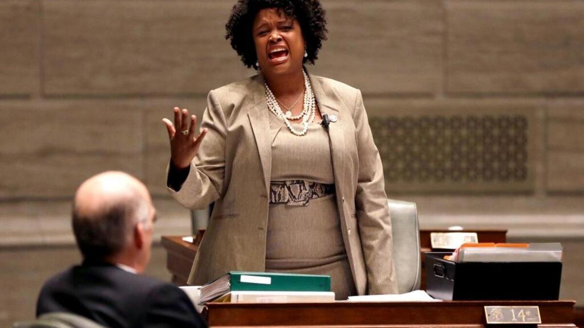 Missouri state Sen. Maria Chappelle-Nadal speaks on the Senate floor in 2014. The Democrat apologized Sunday for a Facebook post Thursday in which she wrote “I hope Trump is assassinated!”
