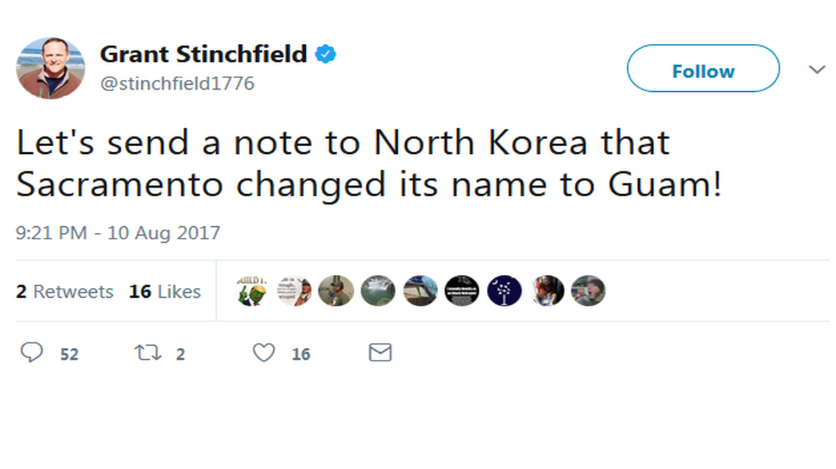 Some critics say a post on Twitter by NRATV.com host Grant Stinchfield advocates a North Korean military strike on Sacramento, though defenders say it’s just sarcasm.