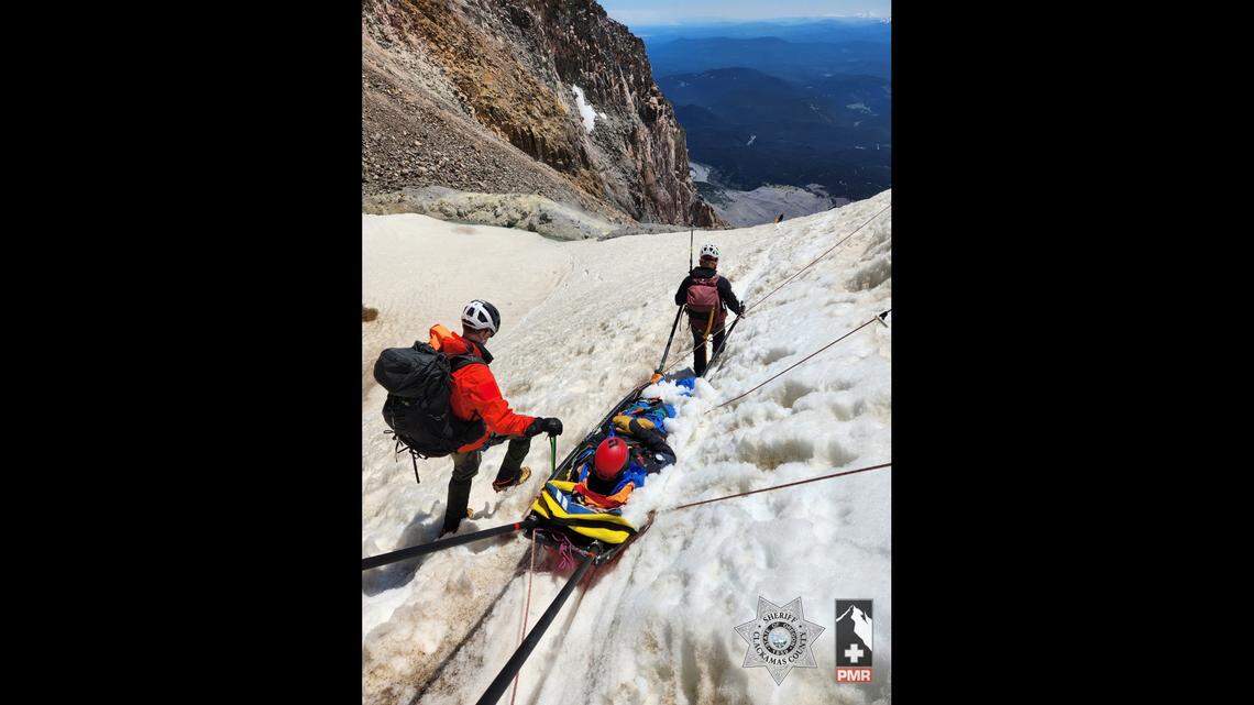 The rescue, which took about eight hours, included skiing a litter with the injured climber down the mountain.