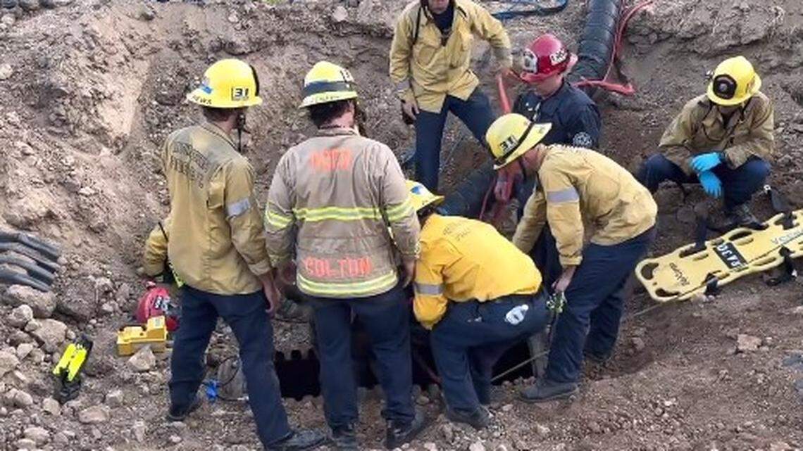 Rescuers used robot technology to locate and free a man caught in 36-inch drainpipe in Oxnard, California.