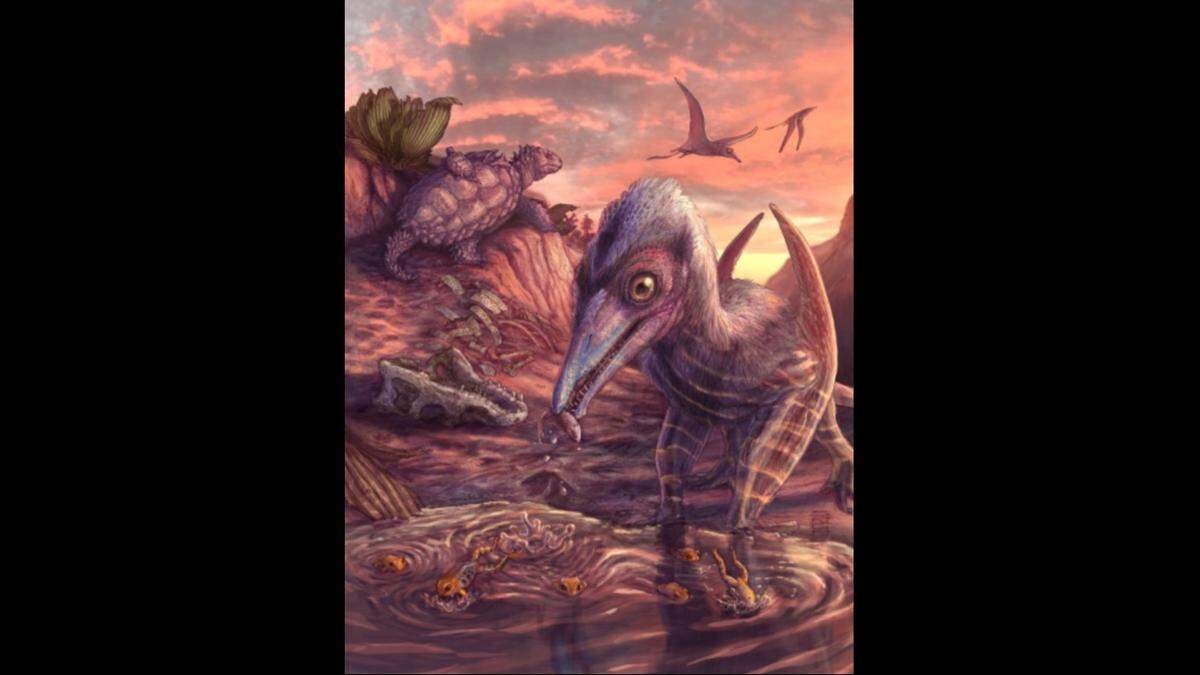 An artist’s reconstruction of plant and animal life found fossilized in Arizona’s Petrified Forest National Park.