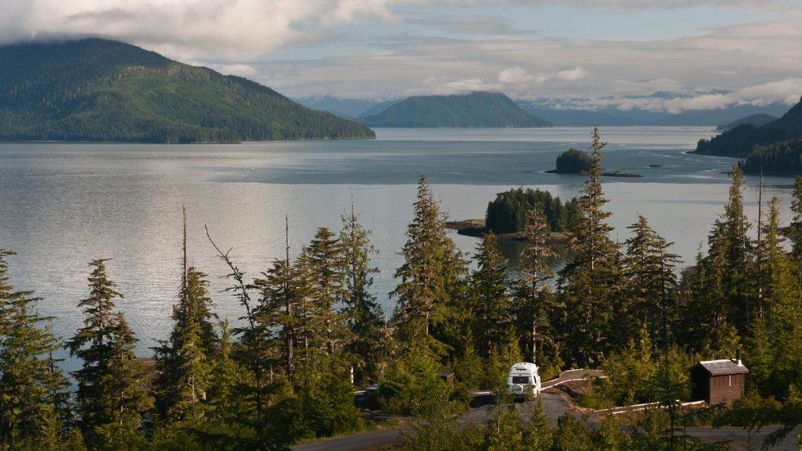 Zimovia Highway runs along the coast on the southwest part of Alaska, around Wrangell Island and Nemo Point, seen here.