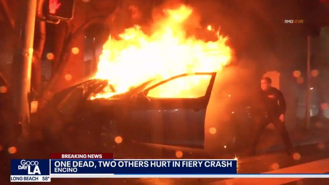 A stolen vehicle driven by a 14-year-old burst into flames after crashing while fleeing police, killing one, California cops say.