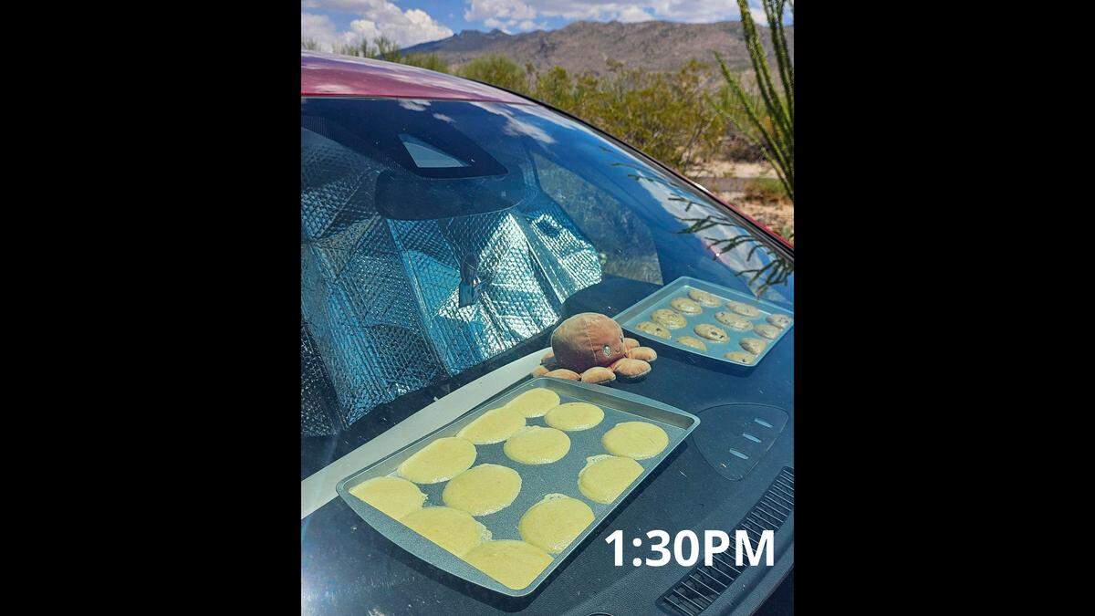 Baking cookies atop a car dashboard.
