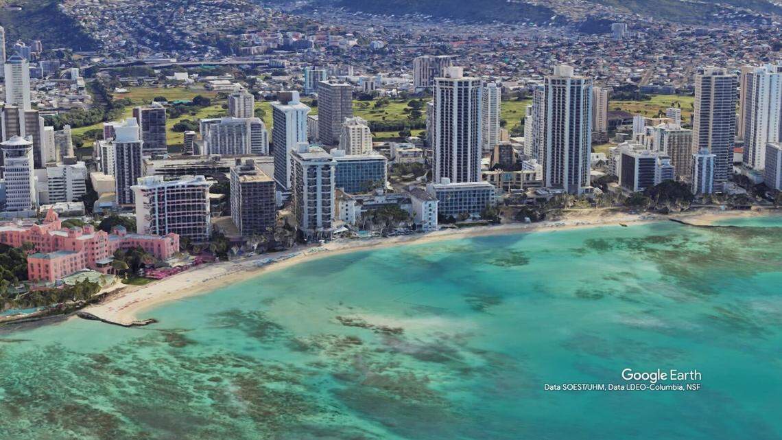 The Moana Surfrider Hotel and other luxury hotels line Waikiki Beach in Hawaii. The Surfrider Hotel was the scene of a railing collapse on Jan 30.