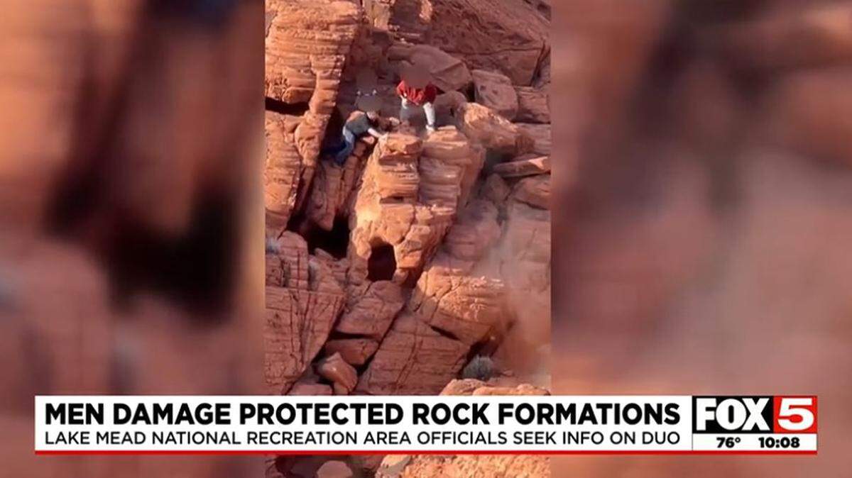 A video shows two men damaging an ancient rock formation at Lake Mead National Recreation Area in Nevada, rangers say.
