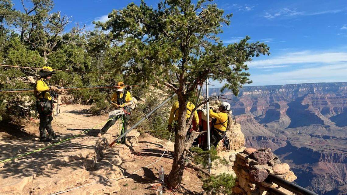 This photo shows rescuers at Yavapai Point at the Grand Canyon National Park where a BASE jumper had jumped, then died.