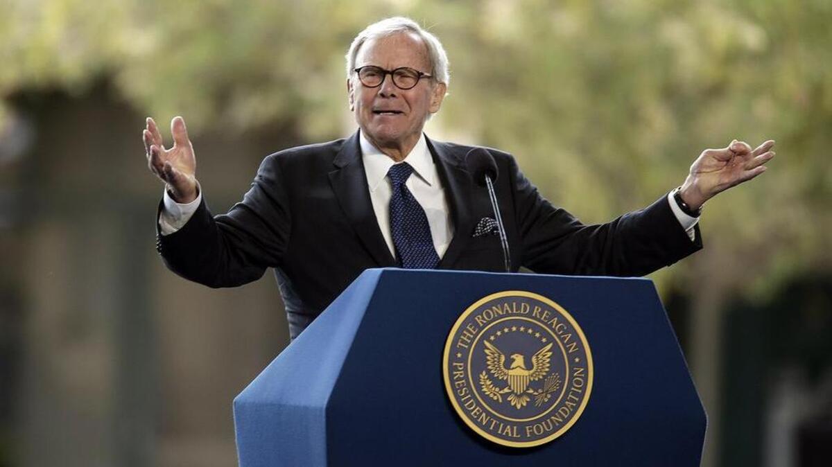 Journalist Tom Brokaw offers reflections during funeral services Friday, March 11, 2016 for former First Lady Nancy Reagan at the Ronald Reagan Presidential Library in Simi Valley, Calif.