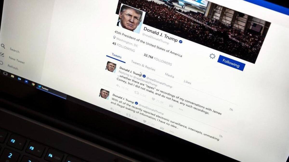 Seen is President Donald Trump’s Twitter page on a laptop computer. His popular social media forum was shut down for 11 minutes on Nov. 2.