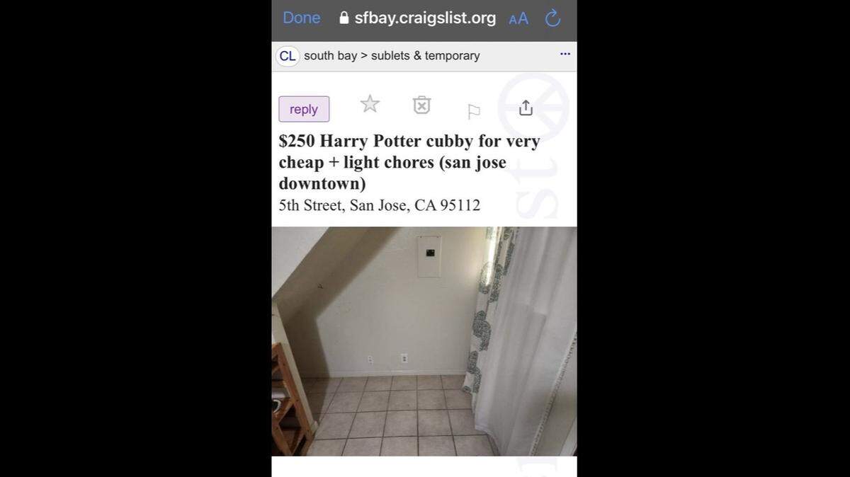 A hopeful landlord listed a 3-foot-by-10-foot “Harry Potter cubby” under the stairs of a one-bedroom, one-bathroom apartment in California.