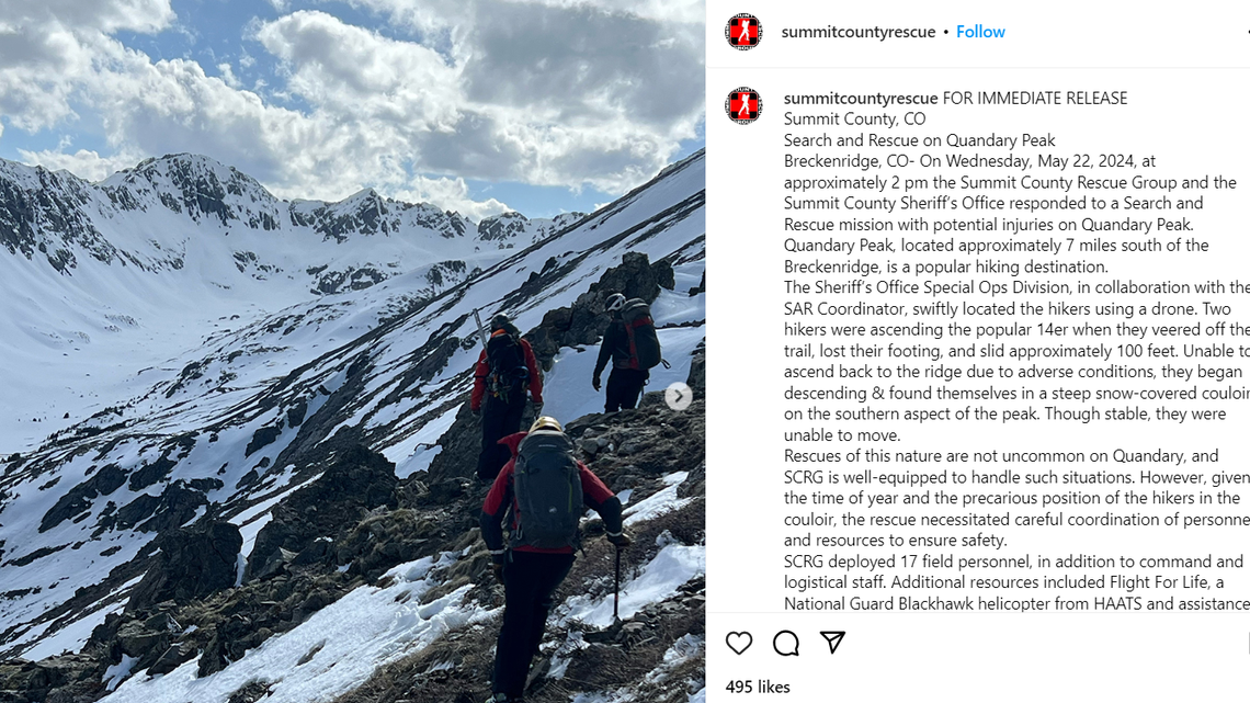 Two hikers were rescued after veering off trail and getting stuck on a snow-covered mountain, Colorado rescuers say.