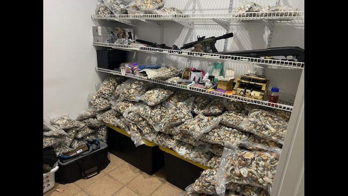 The Lake Elsinore man was booked into jail on multiple felonies stemming from drug-related offenses and weapons violations, according to deputies.