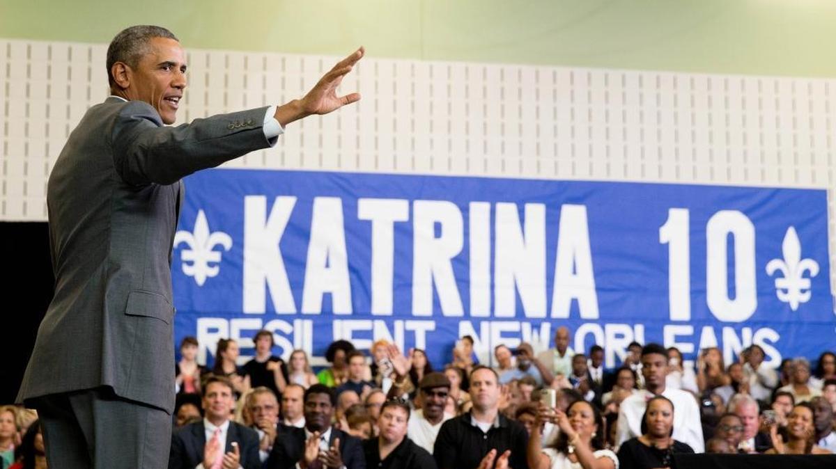 Former President Barack Obama waves to supporters after delivering remarks at an event commemorating the 10th anniversary of Hurricane Katrina in New Orleans in 2015. Obama, who was a U.S. senator at the time of the hurricane, has been blamed for the federal response to the disaster in a flurry of bizzarre and counter-factual Twitter posts.