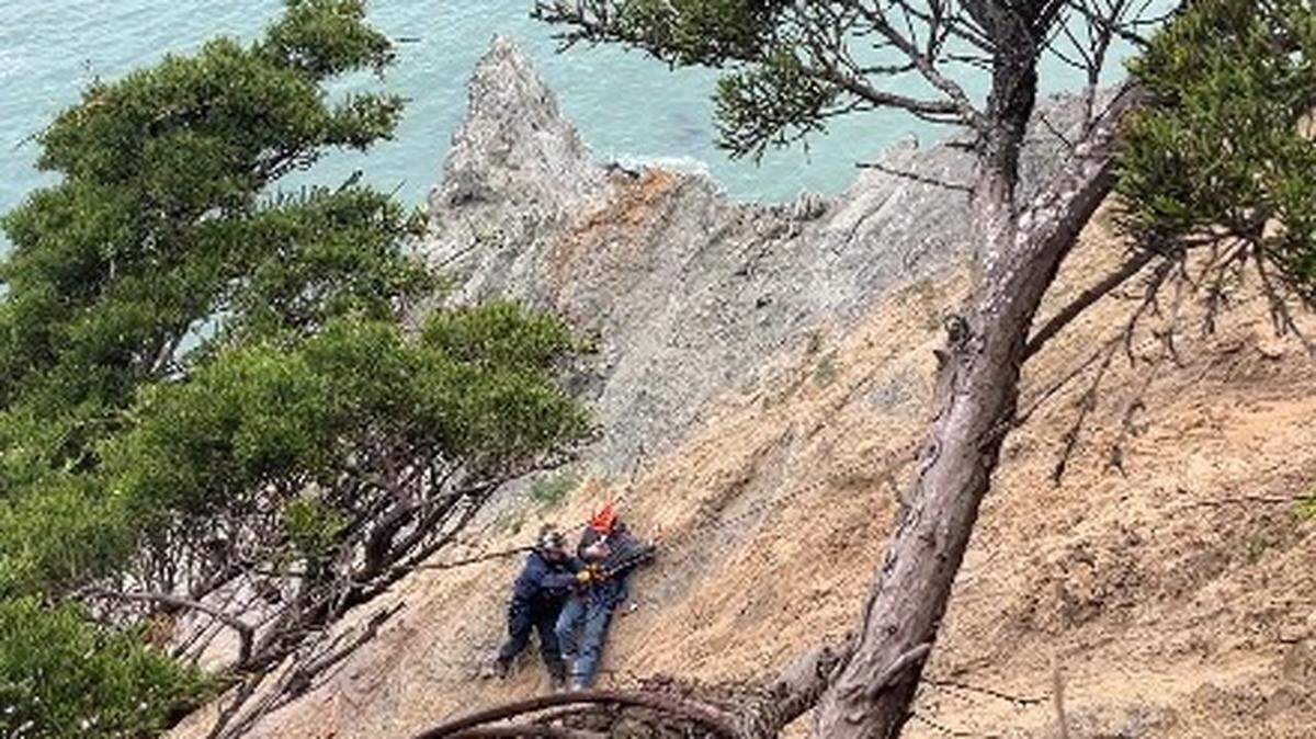 The visitors were admiring views of the Golden Gate Bridge when one dropped his phone, rescuers say.