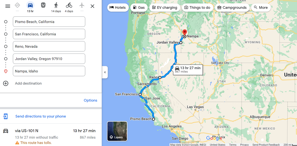 The drive that started in Pismo Beach, California and ended in Nampa, Idaho, according to prosecutors.