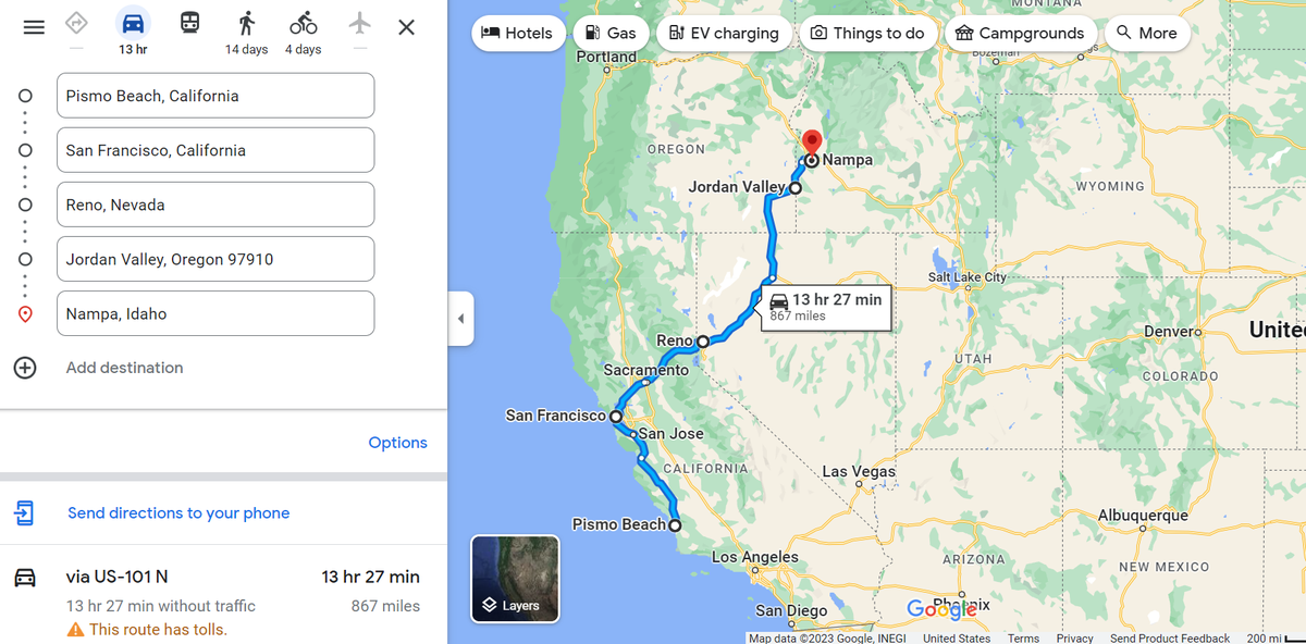 The drive that started in Pismo Beach, California and ended in Nampa, Idaho, according to prosecutors.