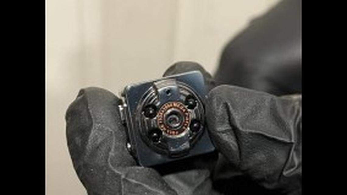 One of several micro-cameras discovered in a search that police say led to the arrest of a man accused of hiding a camera inside a Starbucks restroom in San Jose, California.