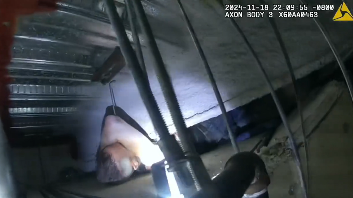 The man was trapped beneath a steel beam at an Upland hospital, police say.