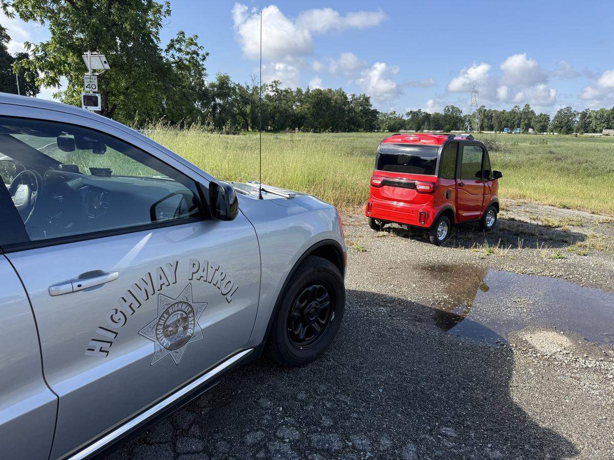 A California Highway Patrol officer pulled over a tiny low-speed vehicle impeding traffic near Redding, officers said. The driver was cited for having a suspended license.
