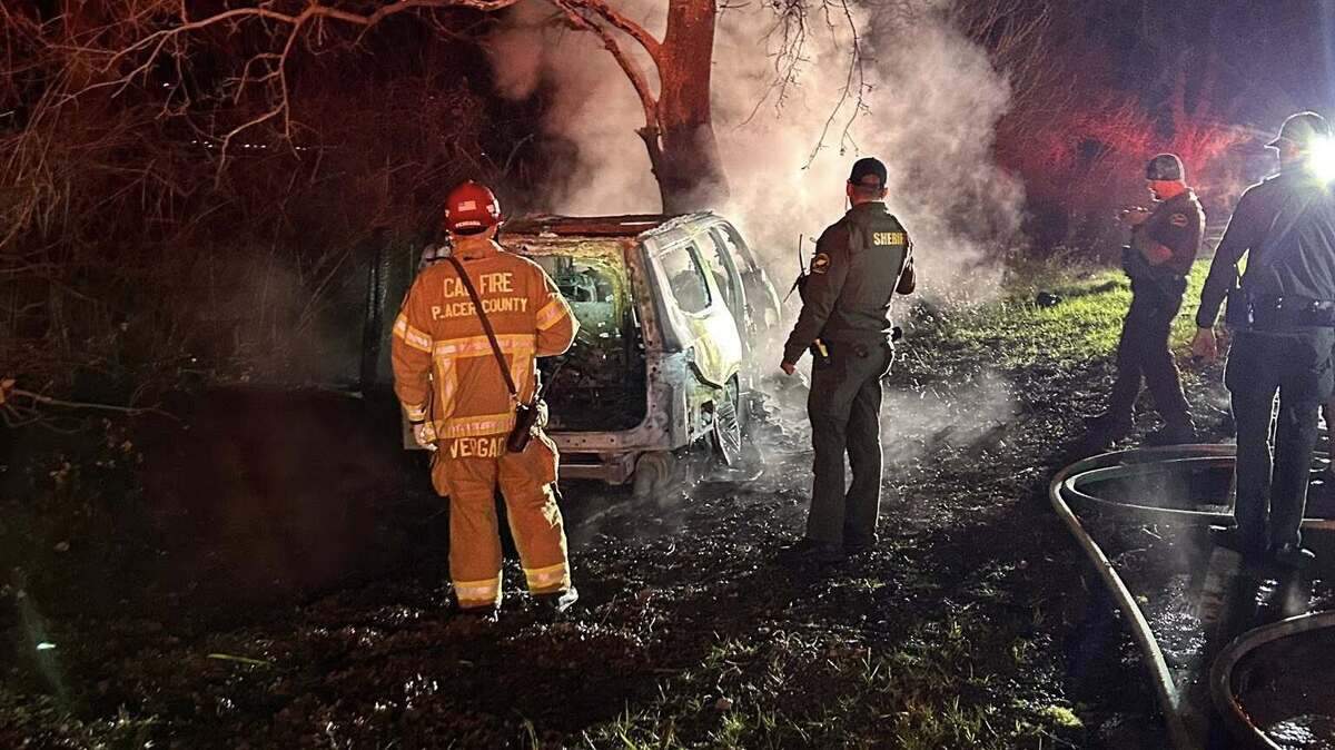 Firefighters arrived to find a vehicle on fire after crashing into a tree, officials said. The driver was found 20 feet from the vehicle after being ejected.