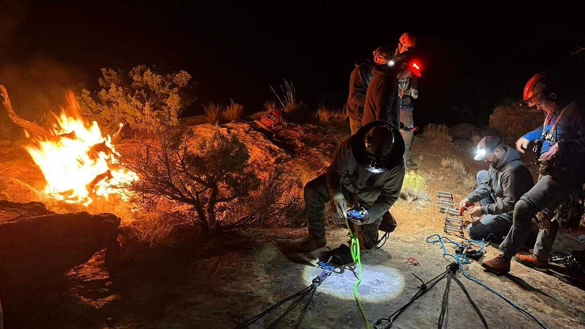 A climber spent 12 hours stuck in a cliff’s crevice after slipping, Utah rescuers said.