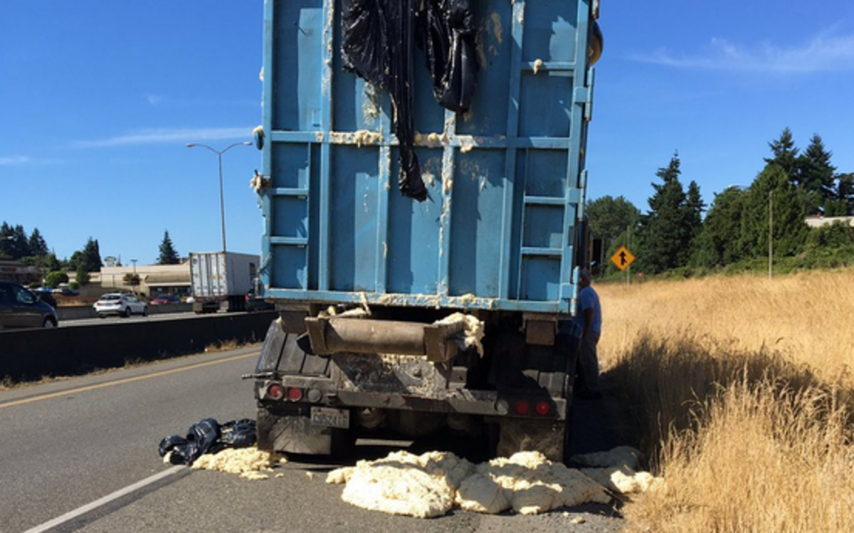 Yeasty dough rising inside a hot truck left a gooey trail on Interstate 5 near Tacoma, Washington, on Monday.