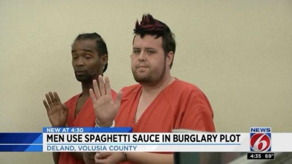 Derrick Irving, left, and John Silva, arrested March 13 by Volusia County sheriff’s deputies, broke into the home of a man Irving had previously dated and stolen a flat-screen television and other items, then set a pot of spaghetti sauce on the stove with a washcloth on the burner in hopes of starting a fire to cover up the burglary, police told WKMC.