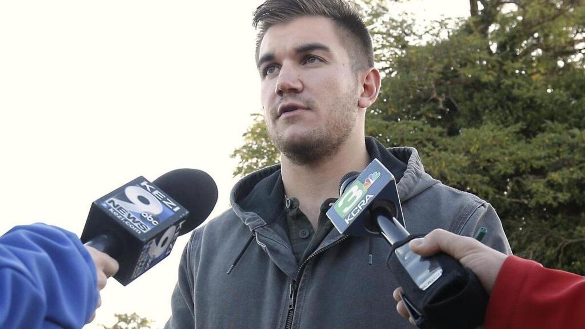 
Alek Skarlatos, one of the three Americans who stopped a terrorist attack aboard a Paris-bound train in August, talks to reporters about the shooting at Umpqua Community College, Friday, Oct. 2, 2015, in Roseburg, Ore.
