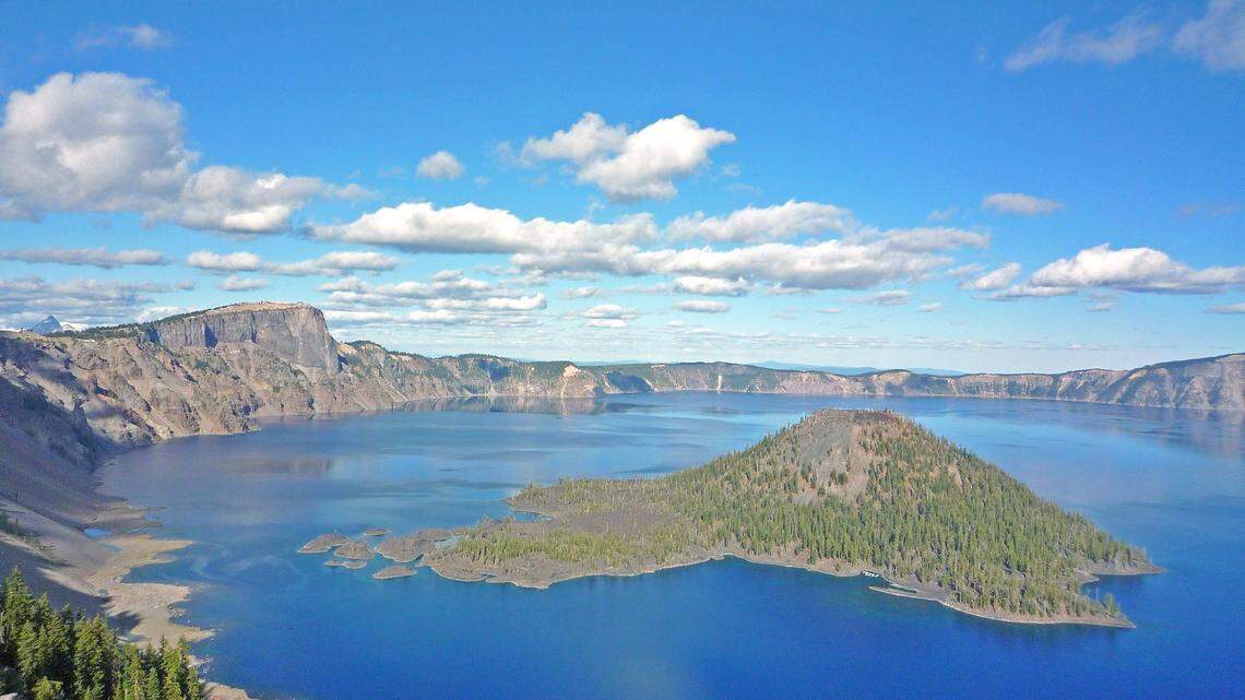 Wizard Island is a cinder cone volcano in Crater Lake. A black bear explored the island.