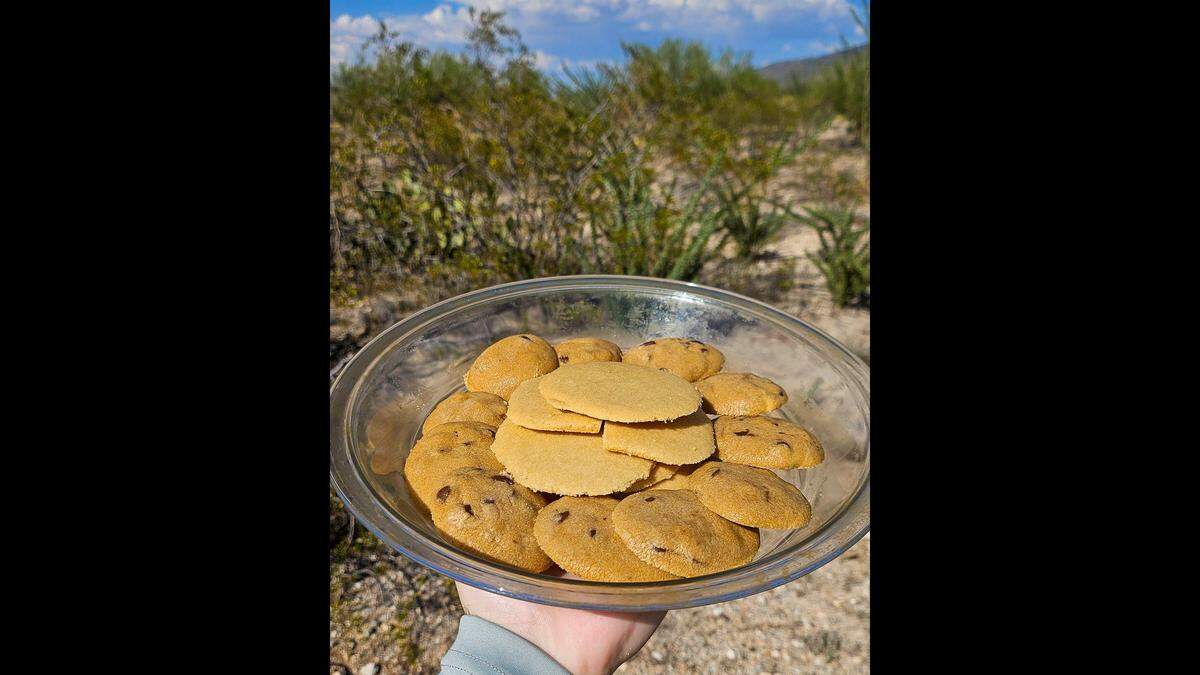 A ranger holds a plate of cookies that were baked atop a car’s dashboard.