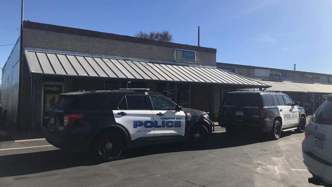 Three men robbing a Commerce City check-cashing business ran outside to discover their getaway vehicle had been stolen, Colorado police say.