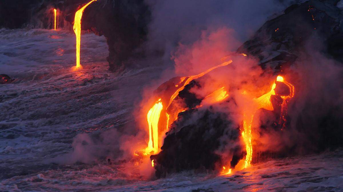Molten lava from a 2017 eruption of Kilauea flows into the ocean off Hawaii. Even once it cools, the lava “deltas” formed by eruptions can be dangerous, Hawaii officials say.