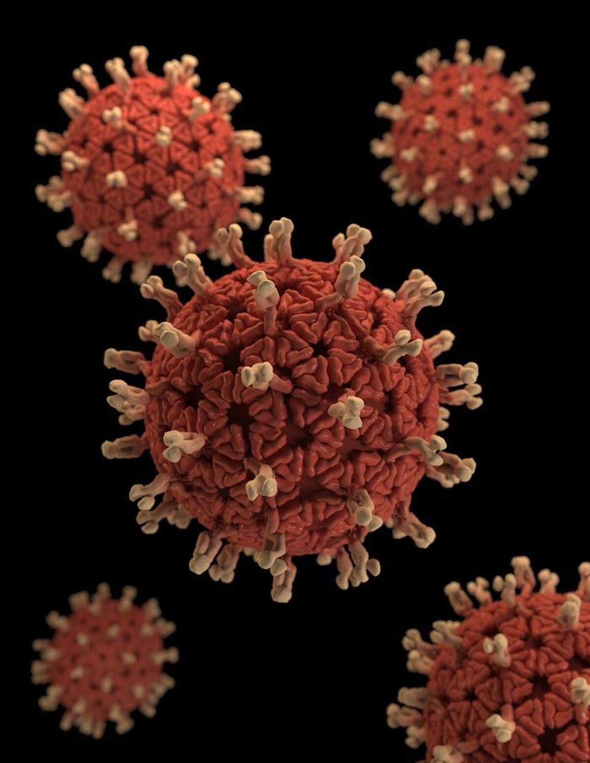 This illustration provided a 3D graphical representation of a number of Rotavirus virions, set against a black background. 