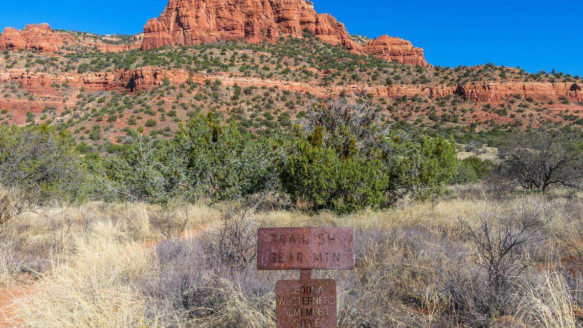 This photo shows the beginning of the Bear Mountain Trail in Sedona, Arizona. A woman died in a fall down a 140-foot cliff on this trail on April 15, deputies said.