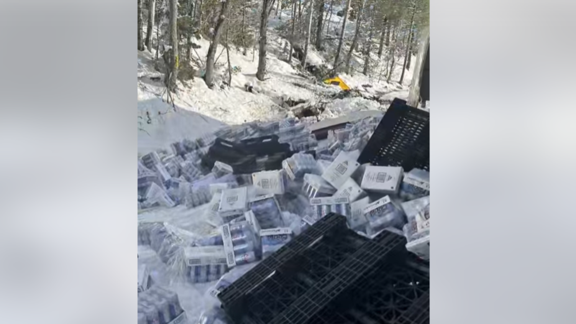 Cases of Coors spilled onto the side of a highway after a big rig overturned, California cops say.