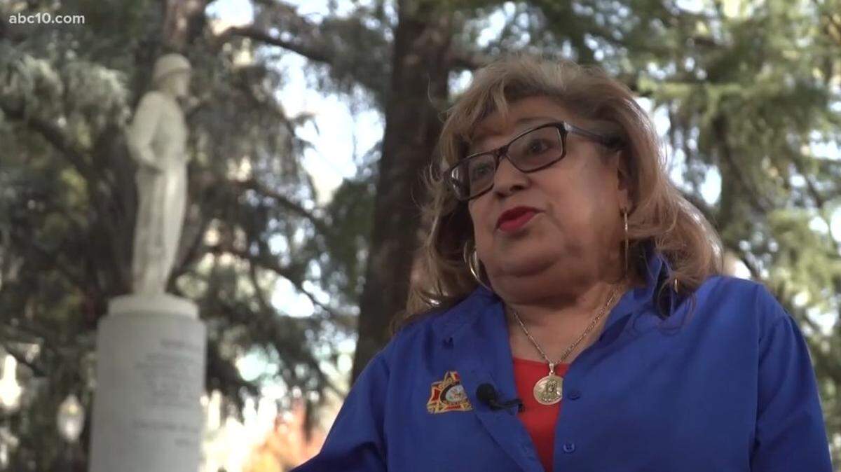 Rosie Gayton speaks in a 2019 KXTV interview about a statue of a Latino soldier at the State Capitol.
