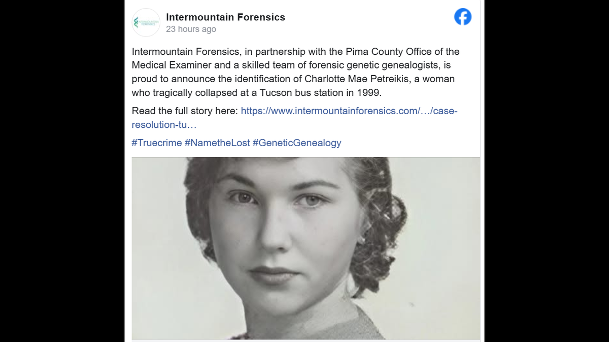 The woman was identified as Charlotte Mae Petreikis, a Pima County Office of the Medical Examiner spokesperson said.