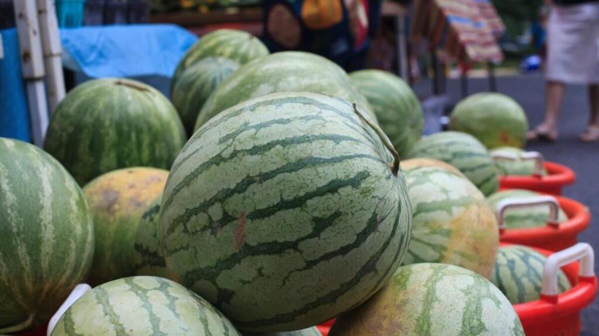 Watermelons are displayed for sale at a farmers market. A probationary firefighter in Detroit was fired after bringing a watermelon as an introductory present.