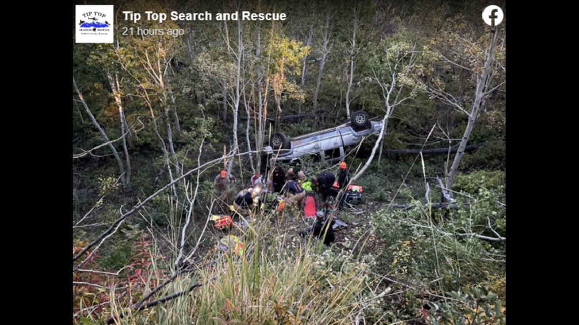A father and son were rescued after a rollover crash stranded them in the Wyoming wilderness, rescuers said.
