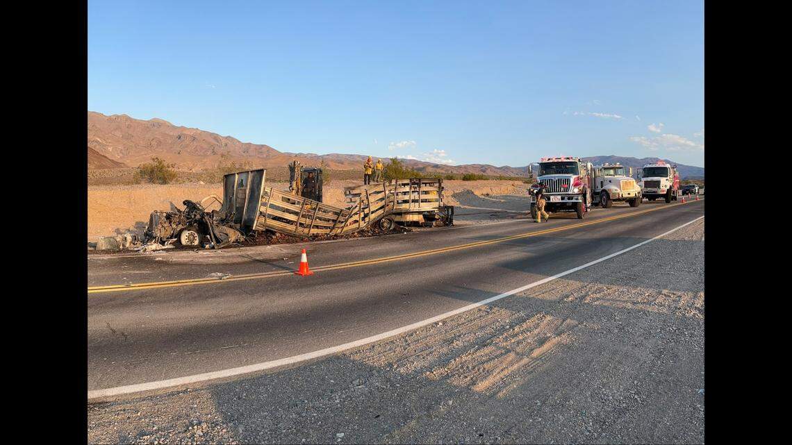 The stake-bed truck was descending Towne Pass on California State Route 190, rangers said.