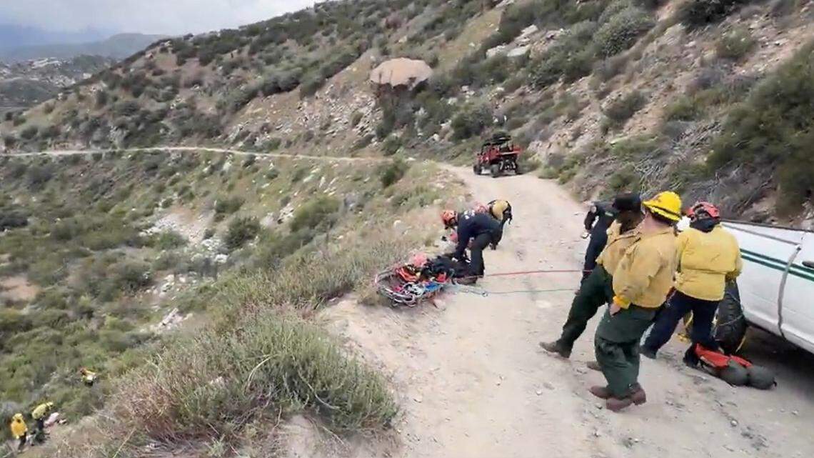 Fire crews created “a rope rescue system” to raise the rider back to the road, the district said.