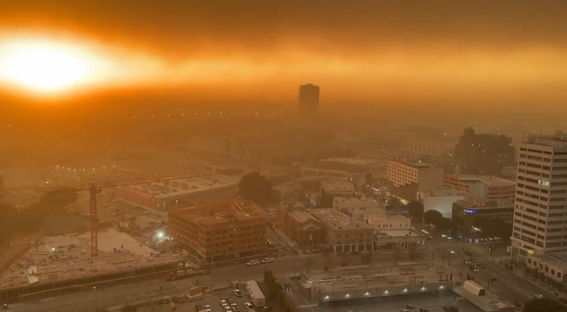 Los Angeles is coated in smoke as four wildfires burn in the area.