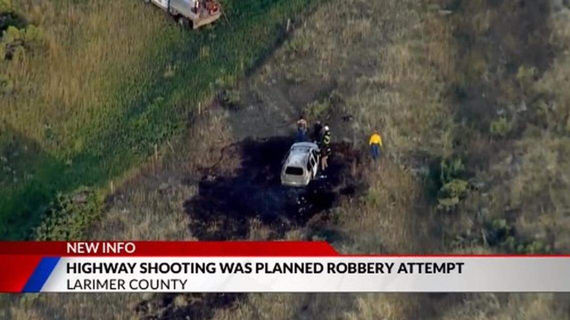 People in masks opened fire on a van on Highway 287, causing a fiery crash, in what may have been a robbery, Colorado officials say.