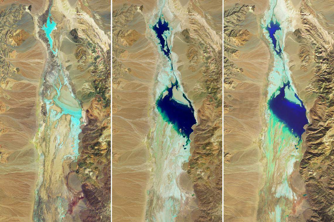 A series of satellite images shows the lake forming and blooming across Badwater Basin.