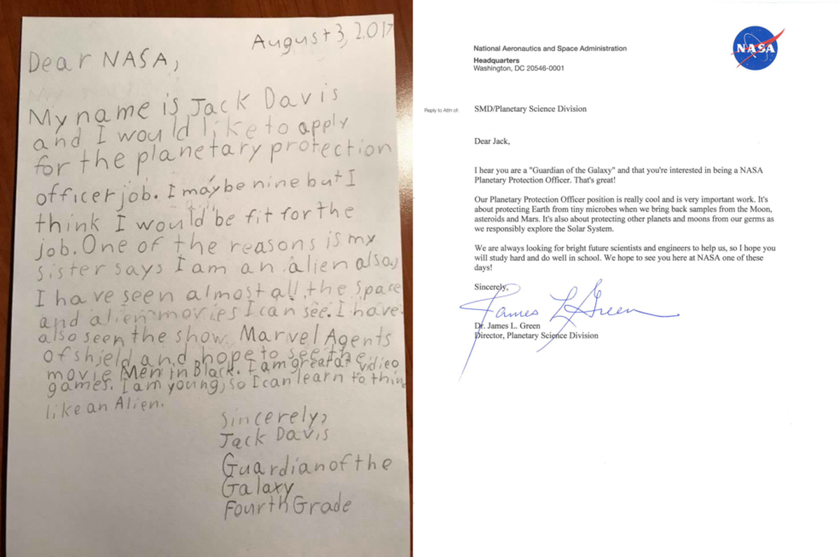 Letters exchanged between NASA and space enthusiast Jack Davis, a fourth-grade student in New Jersey.