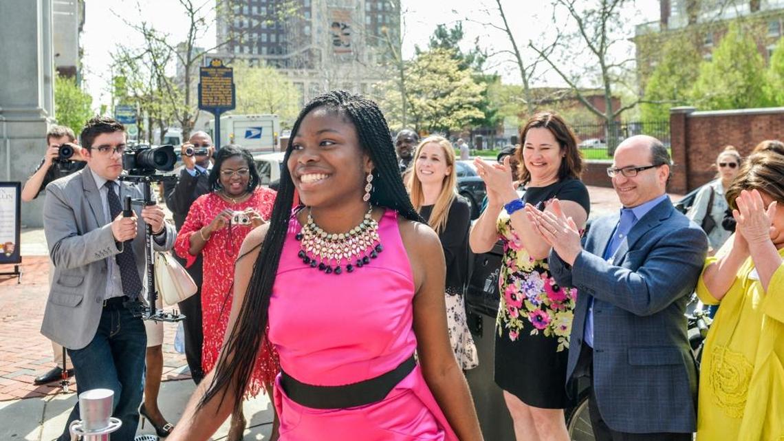 Ifeoma White-Thorpe during National Liberty Museum’s 2015 national Selma Speech & Essay Contest, which was made possible by a grant from the John Templeton Foundation and in-kind support from Paramount Pictures. She won the grand prize in the competition inspired by the film, “Selma.” White-Thorpe has been accepted into all eight Ivy League schools, and Stanford.