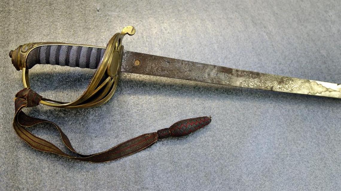 FILE -- In this July 14, 2017 photo taken at the Massachusetts Historical Society in Boston, the sword that belonged to Col. Robert Gould Shaw, the commanding officer of the first all-black regiment raised in the North during the Civil War is seen. Texas on Friday legalized the open carrying of blades longer than 5.5 inches, including swords.