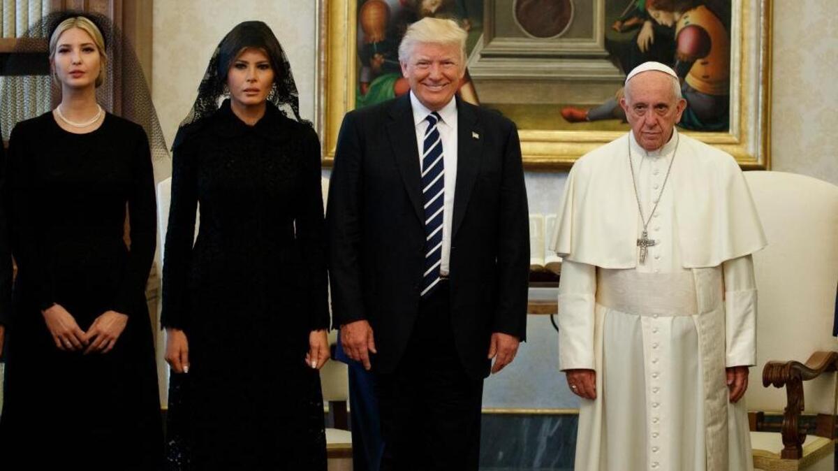 Ivanka Trump, first lady Melania Trump, and President Donald Trump stand with Pope Francis during a meeting, Wednesday, May 24, 2017, at the Vatican.